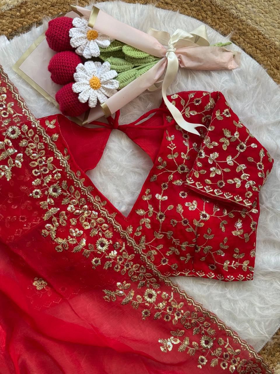 Premium Chiffon Saree with Heavy Floral Embroidery Work & Designer Blouse.