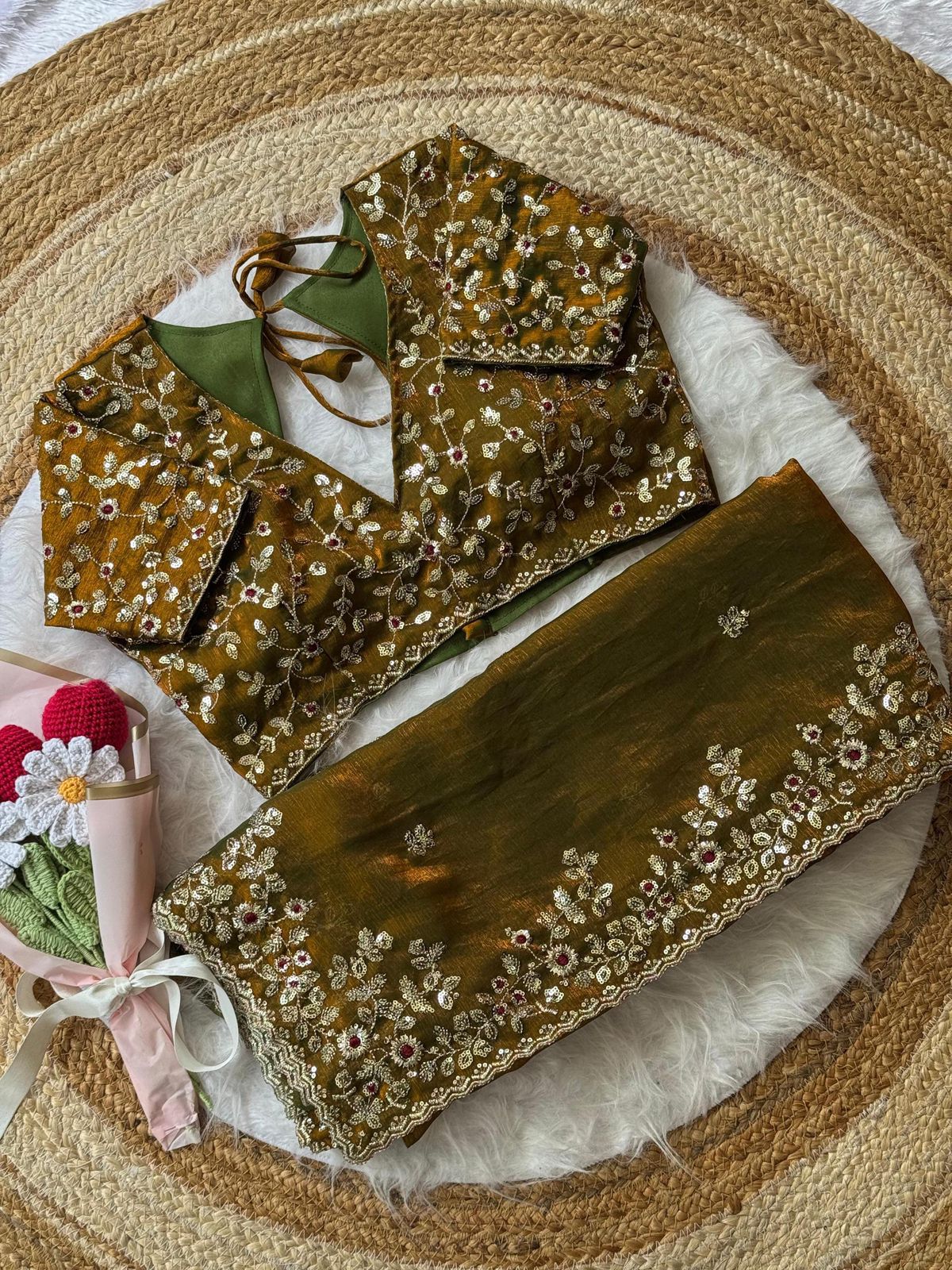 Premium Chiffon Saree with Heavy Floral Embroidery Work & Designer Blouse.