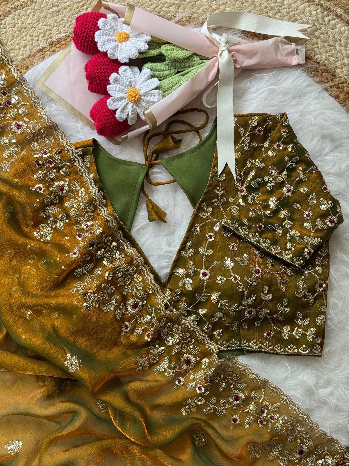 Premium Chiffon Saree with Heavy Floral Embroidery Work & Designer Blouse.