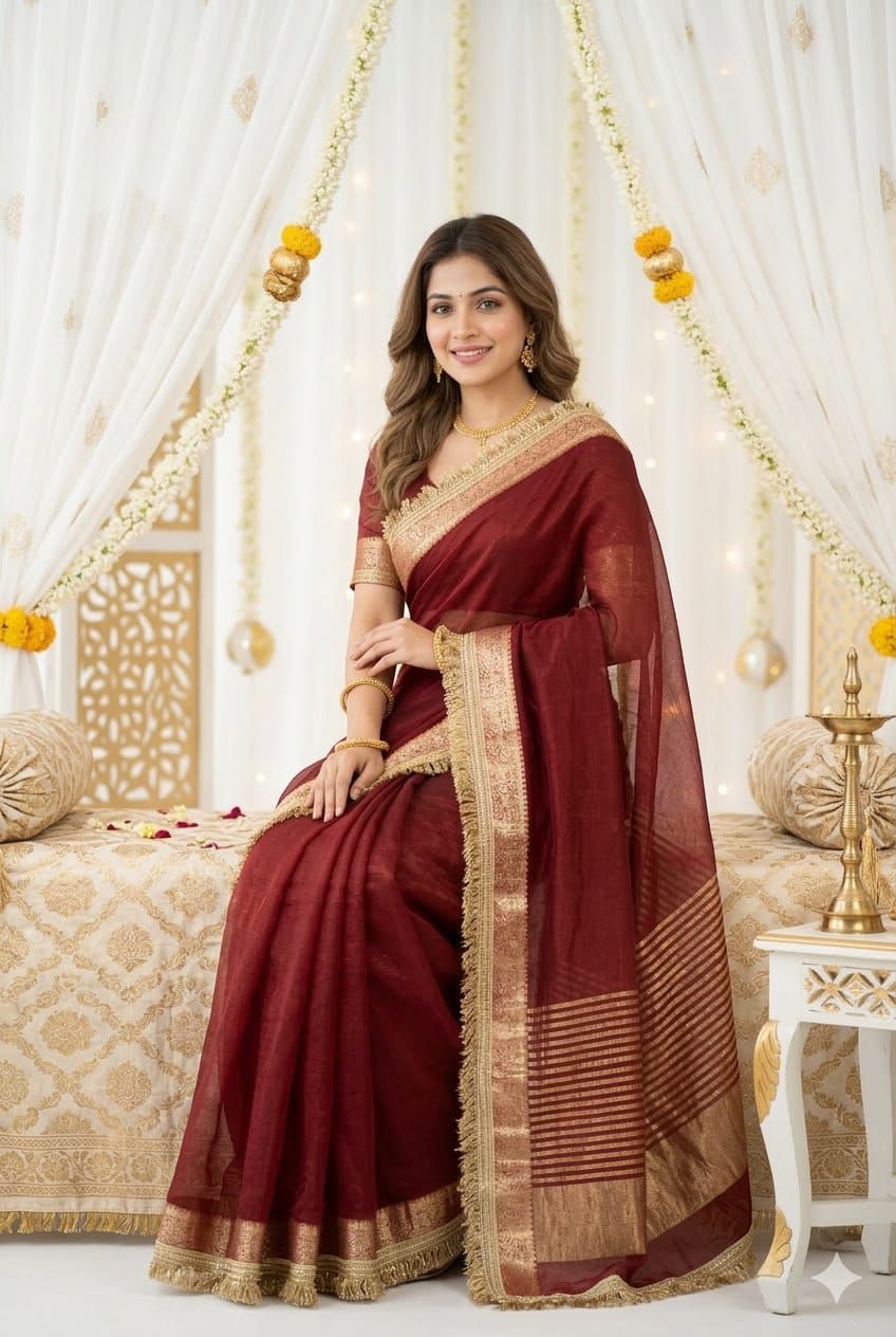 Premium Party Wear Chiffon Saree with Traditional Golden Woven Border.