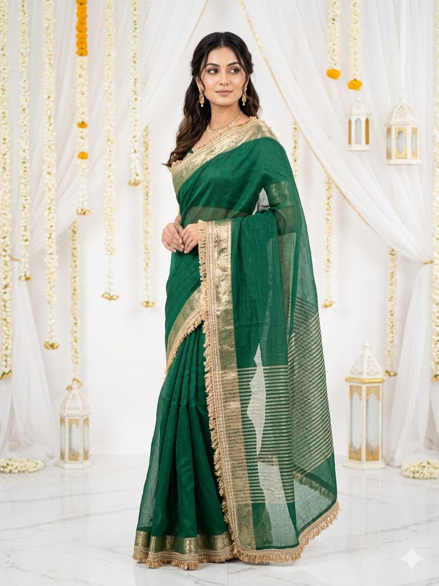 Premium Party Wear Chiffon Saree with Traditional Golden Woven Border.