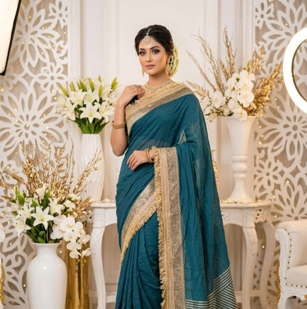 Premium Party Wear Chiffon Saree with Traditional Golden Woven Border.