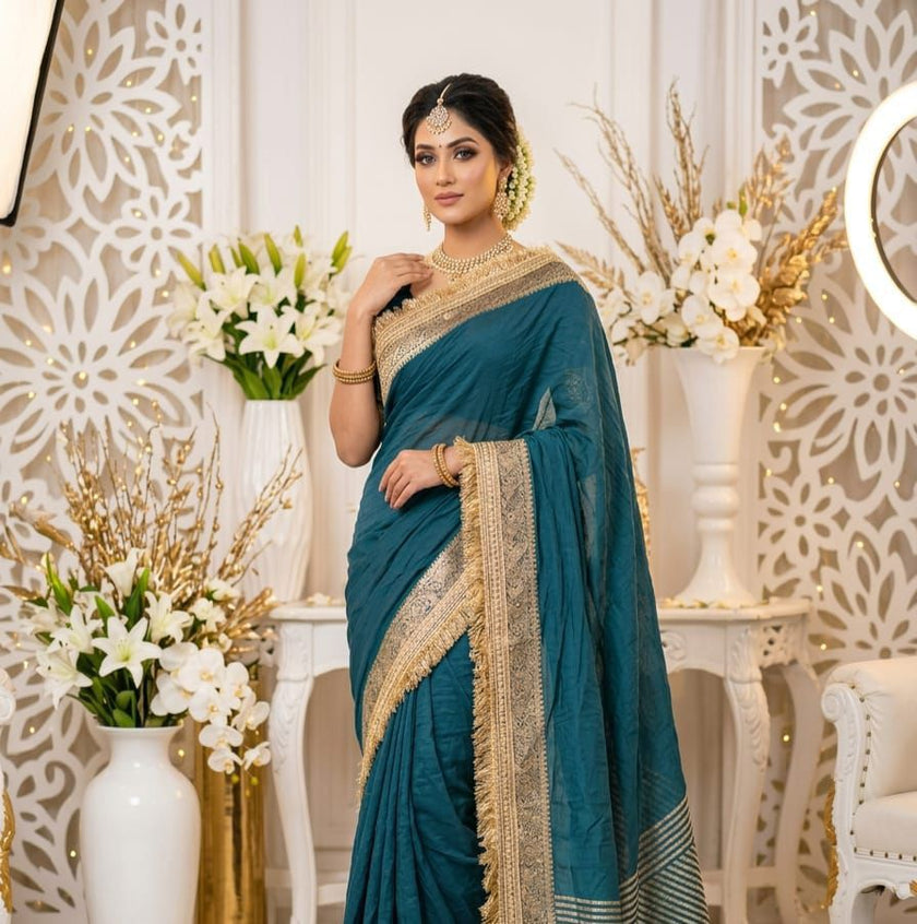 Premium Party Wear Chiffon Saree with Traditional Golden Woven Border.