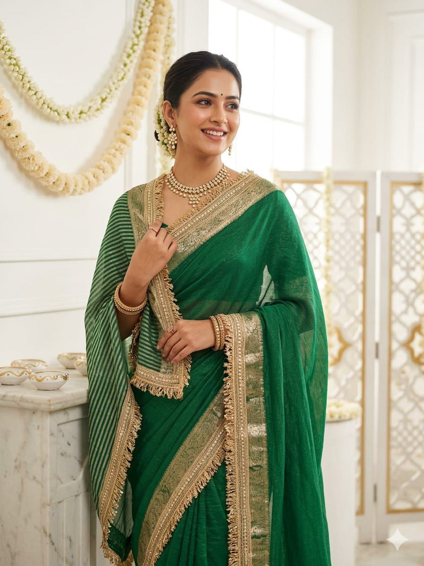 Premium Party Wear Chiffon Saree with Traditional Golden Woven Border.
