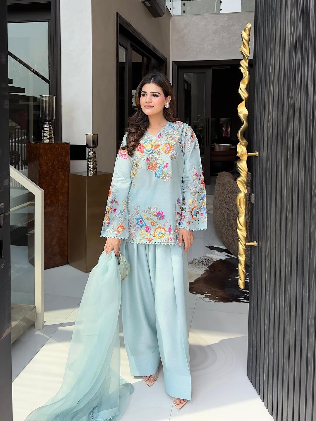 Premium Floral Embroidered Straight Cut Kurta Palazzo Set with Graceful Organza Dupatta.