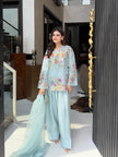 Premium Floral Embroidered Straight Cut Kurta Palazzo Set with Graceful Organza Dupatta.