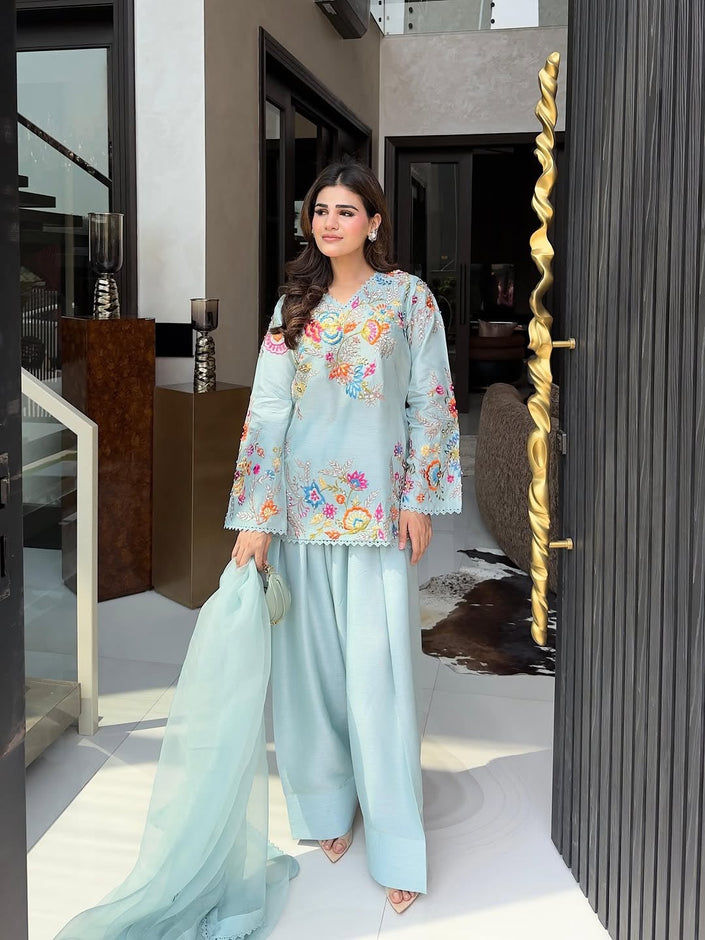 Premium Floral Embroidered Straight Cut Kurta Palazzo Set with Graceful Organza Dupatta.