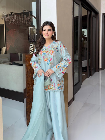 Premium Floral Embroidered Straight Cut Kurta Palazzo Set with Graceful Organza Dupatta.