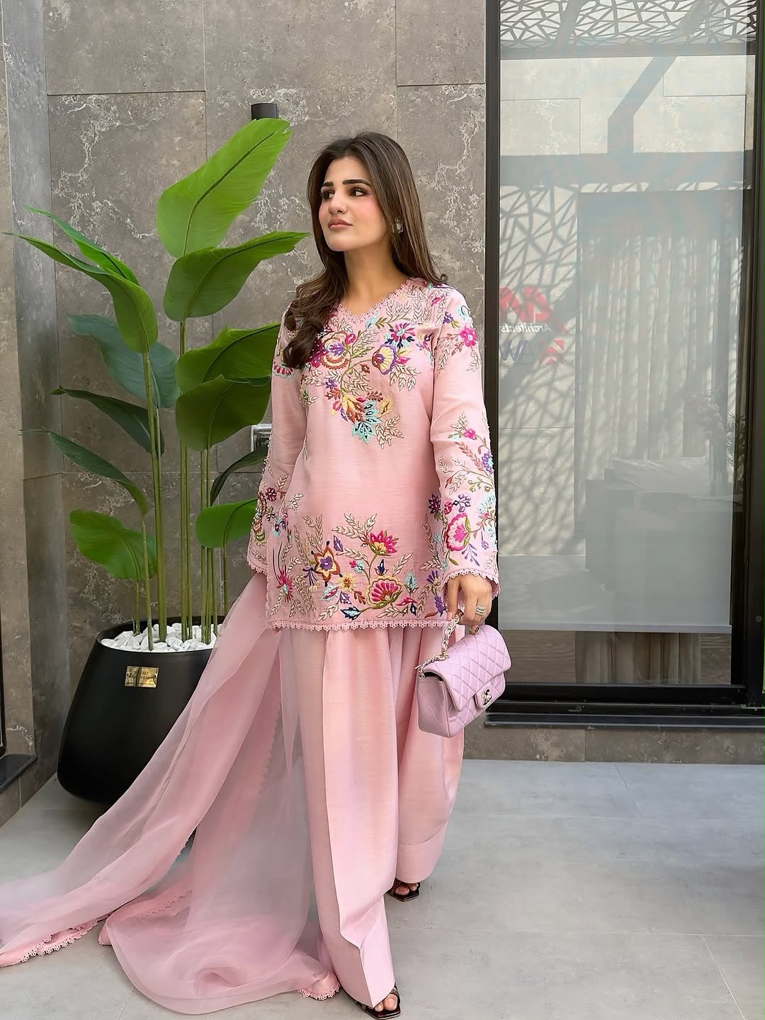 Premium Floral Embroidered Straight Cut Kurta Palazzo Set with Graceful Organza Dupatta.