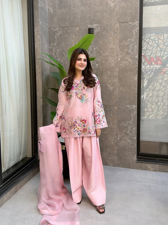 Premium Floral Embroidered Straight Cut Kurta Palazzo Set with Graceful Organza Dupatta.