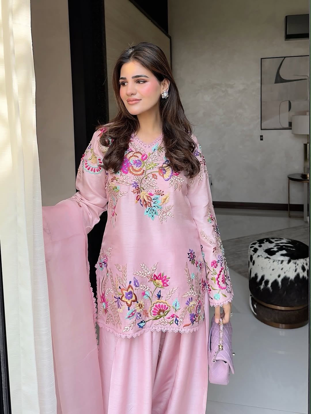 Premium Floral Embroidered Straight Cut Kurta Palazzo Set with Graceful Organza Dupatta.