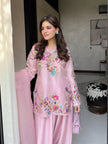Premium Floral Embroidered Straight Cut Kurta Palazzo Set with Graceful Organza Dupatta.