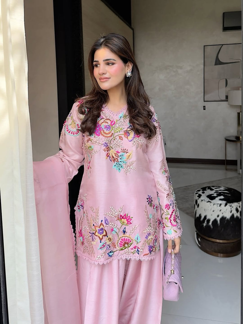 Premium Floral Embroidered Straight Cut Kurta Palazzo Set with Graceful Organza Dupatta.