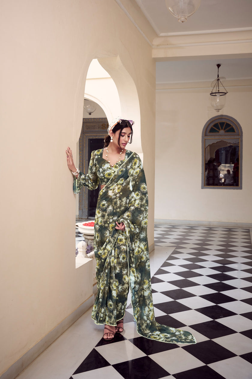 Elegant Floral Printed Party Wear Saree.