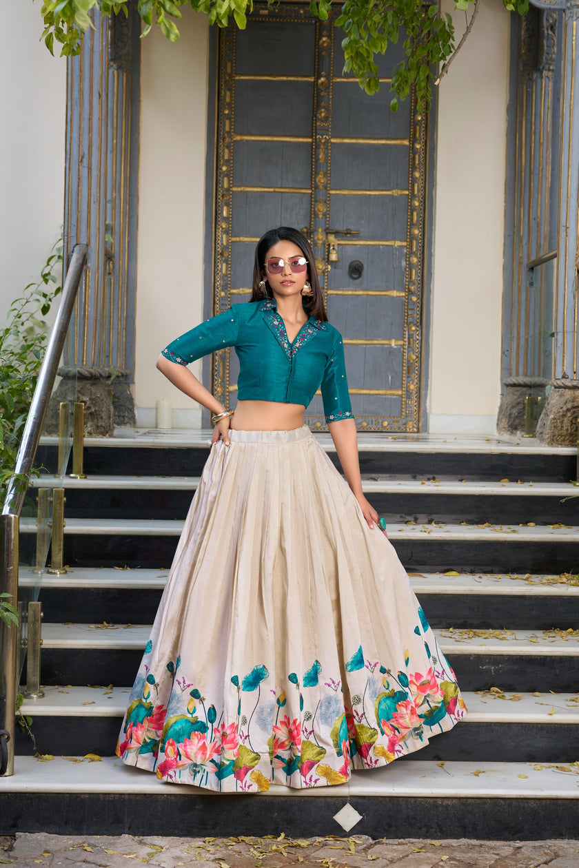 Premium Lotus Print Flared Lehenga with Designer Blouse.