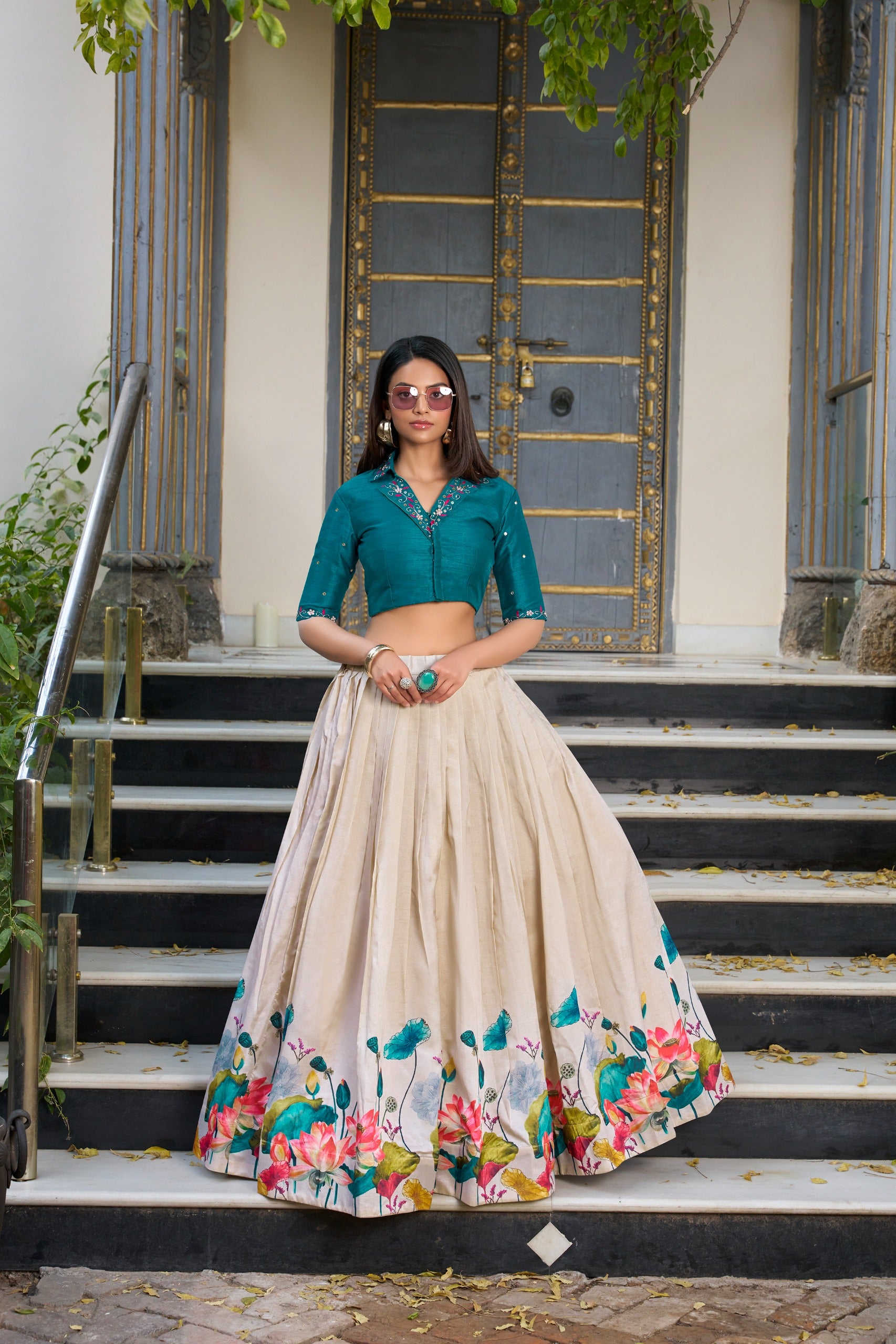 Premium Lotus Print Flared Lehenga with Designer Blouse.