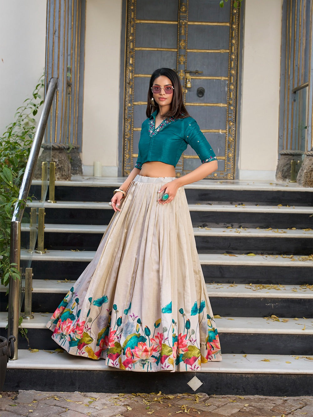 Premium Lotus Print Flared Lehenga with Designer Blouse.