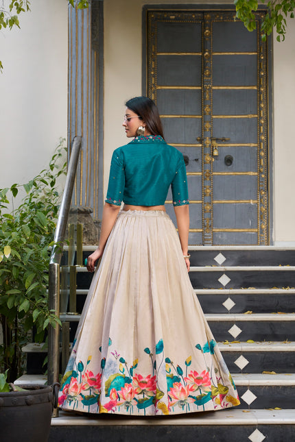 Premium Lotus Print Flared Lehenga with Designer Blouse.