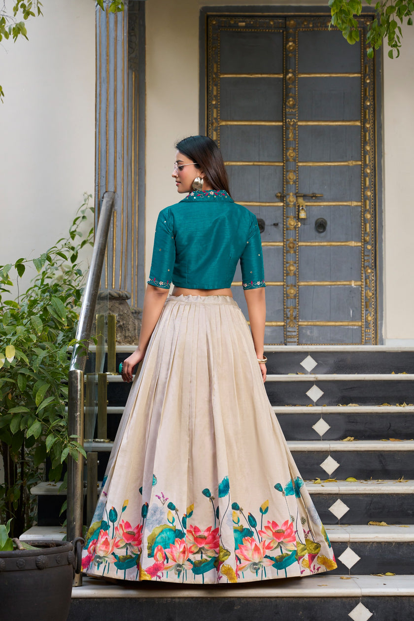 Premium Lotus Print Flared Lehenga with Designer Blouse.