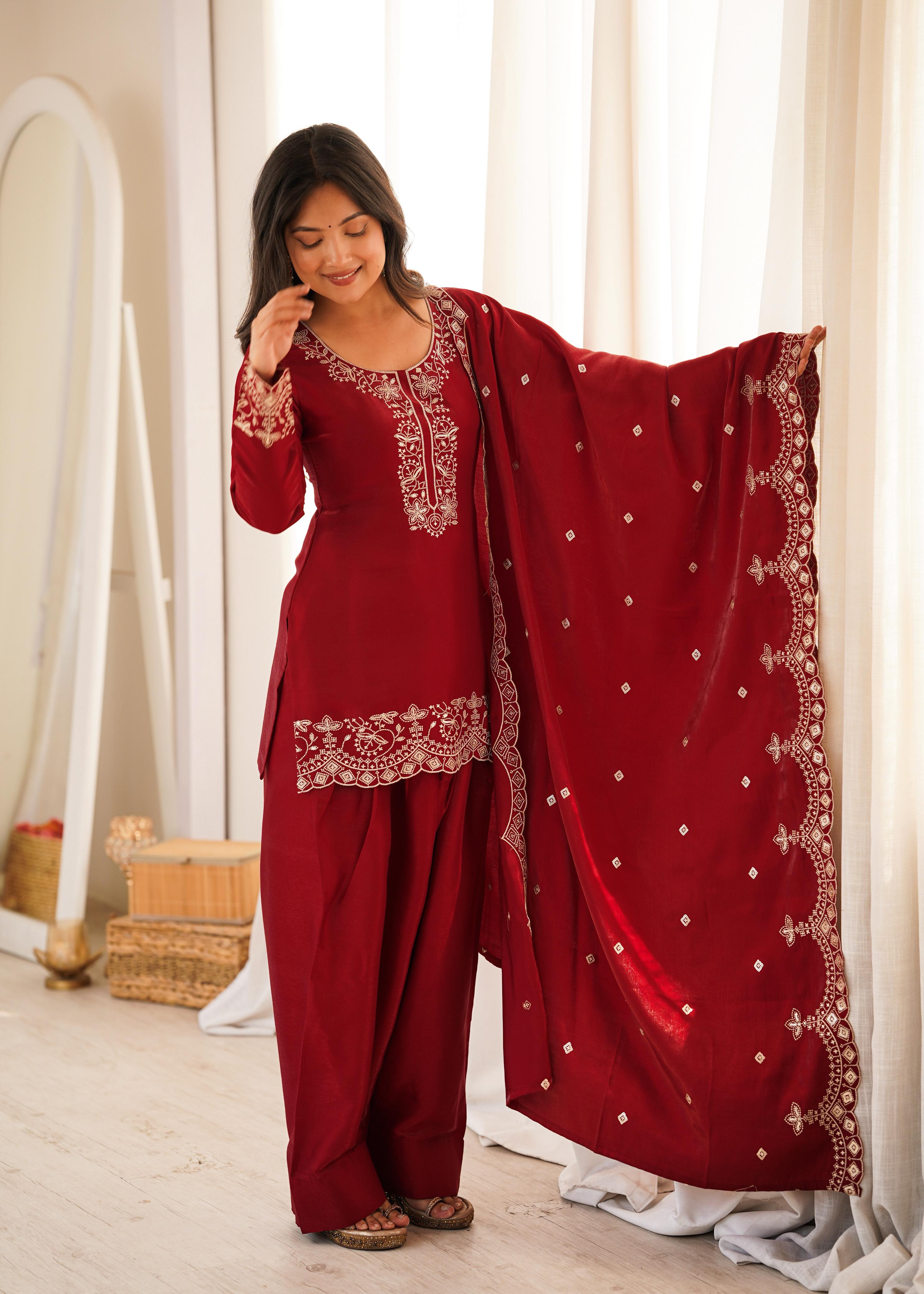 Women's Premium Embroidered Kurta Palazzo Set with Dupatta .