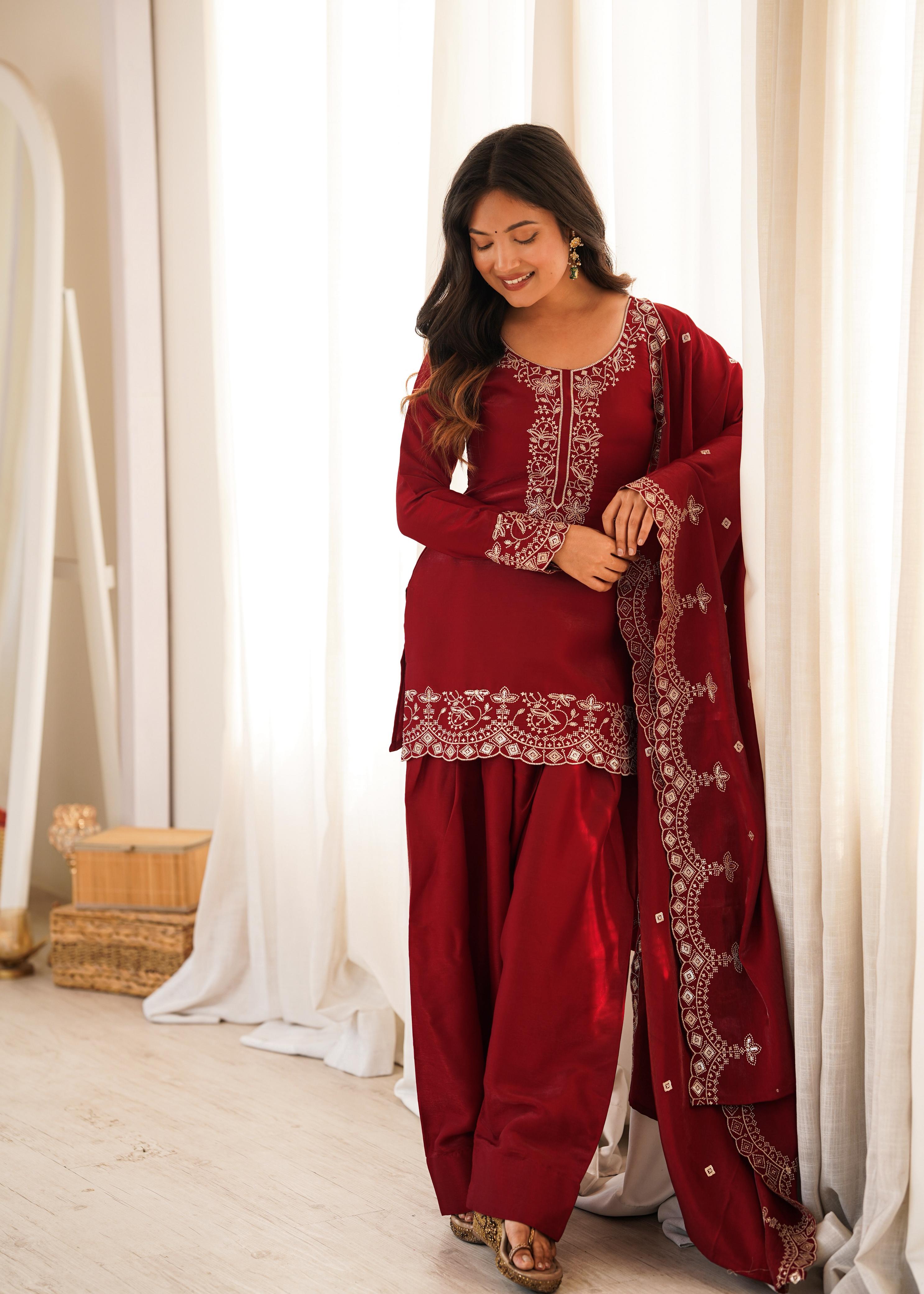 Women's Premium Embroidered Kurta Palazzo Set with Dupatta .