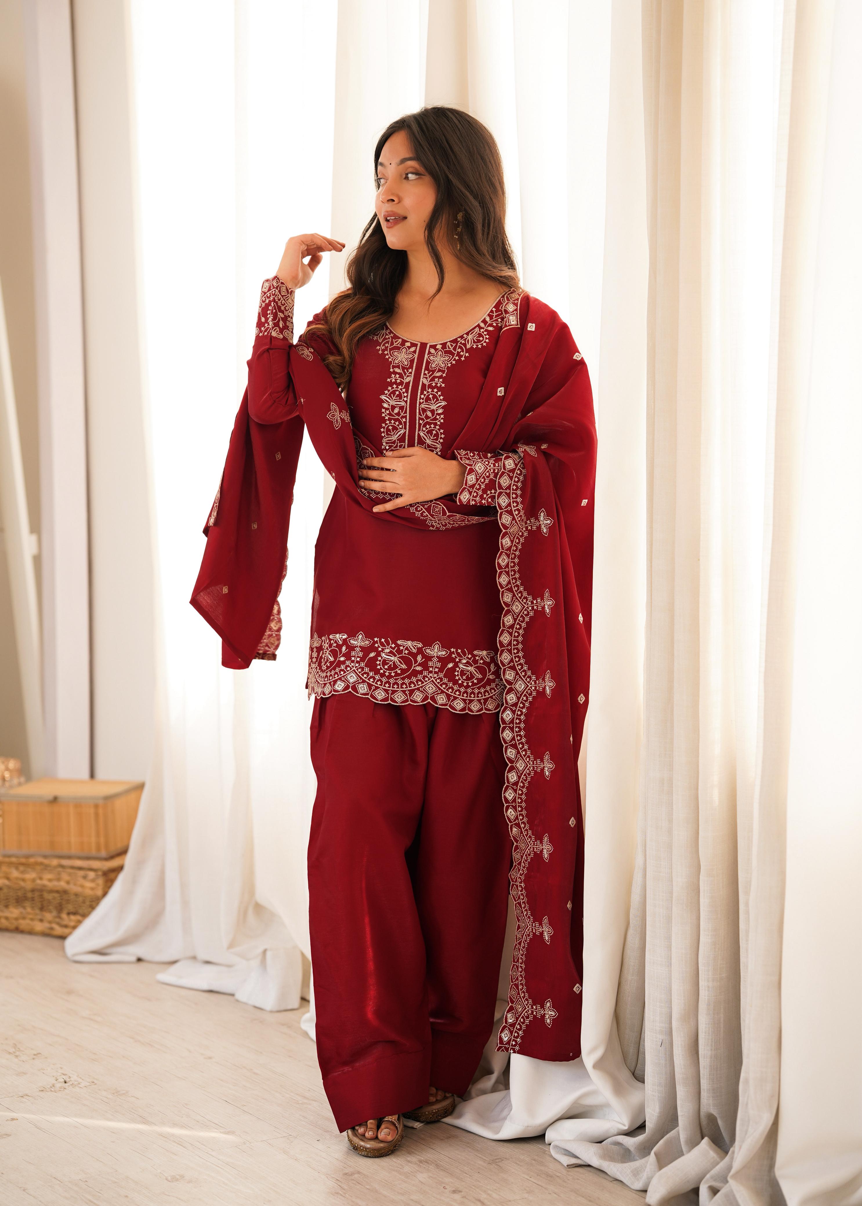 Women's Premium Embroidered Kurta Palazzo Set with Dupatta .