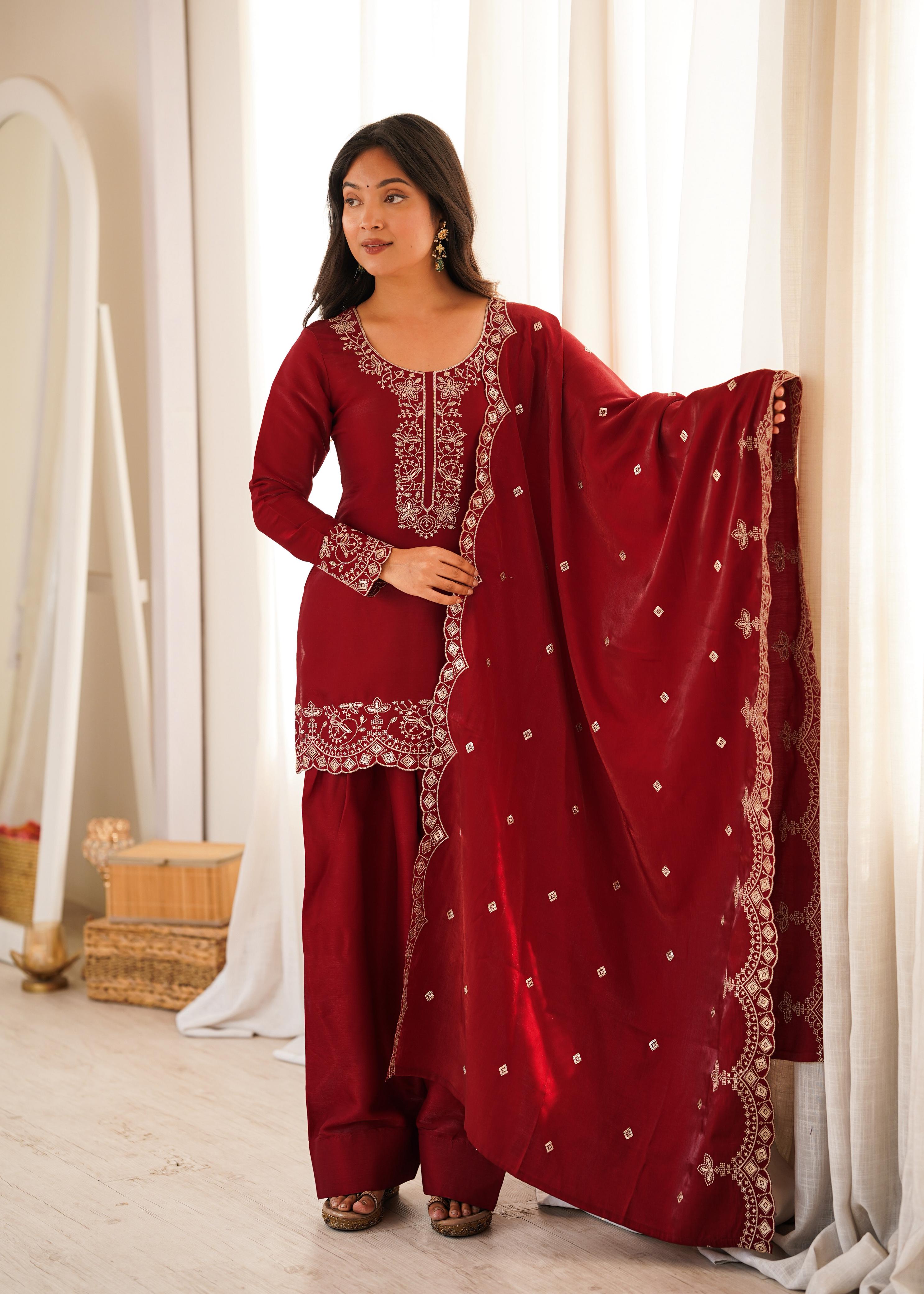 Women's Premium Embroidered Kurta Palazzo Set with Dupatta .