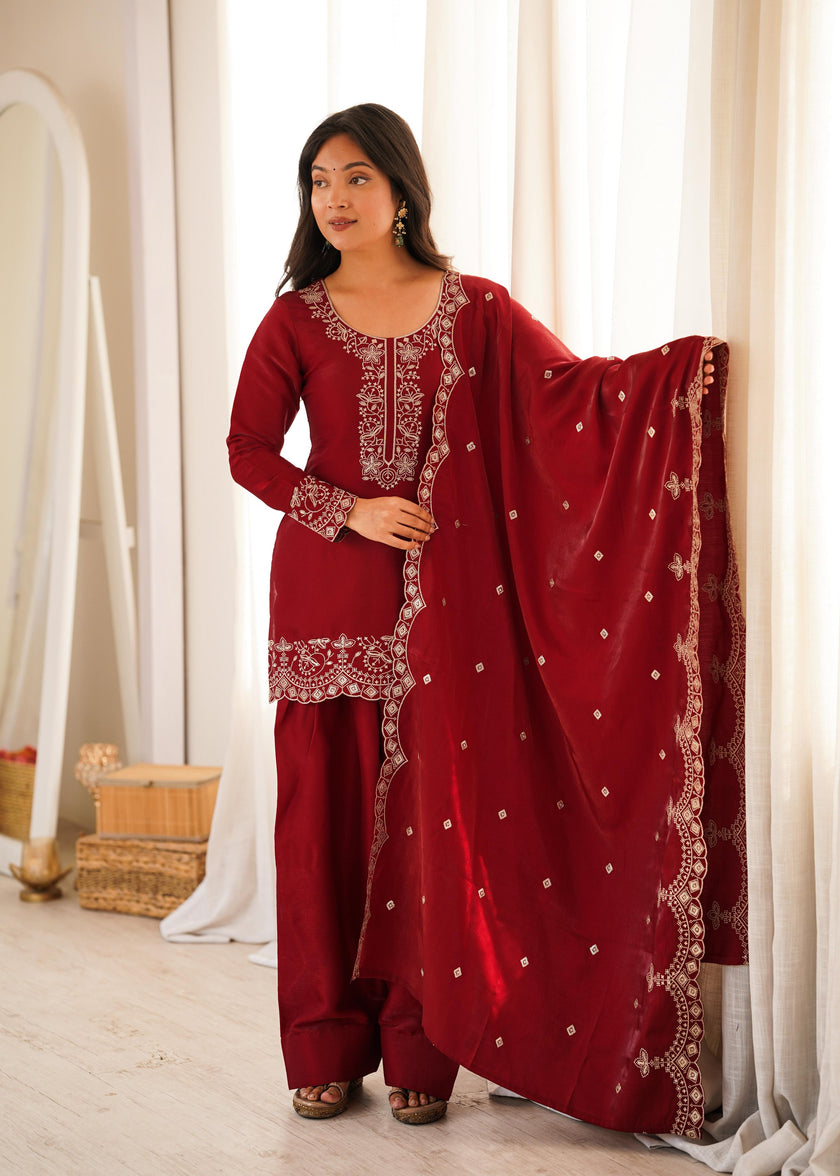 Women's Premium Embroidered Kurta Palazzo Set with Dupatta .