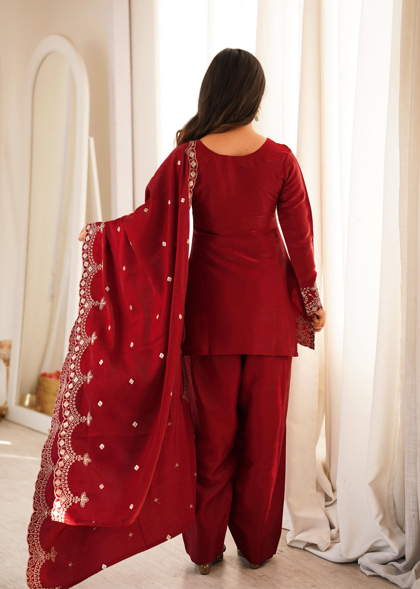 Women's Premium Embroidered Kurta Palazzo Set with Dupatta .