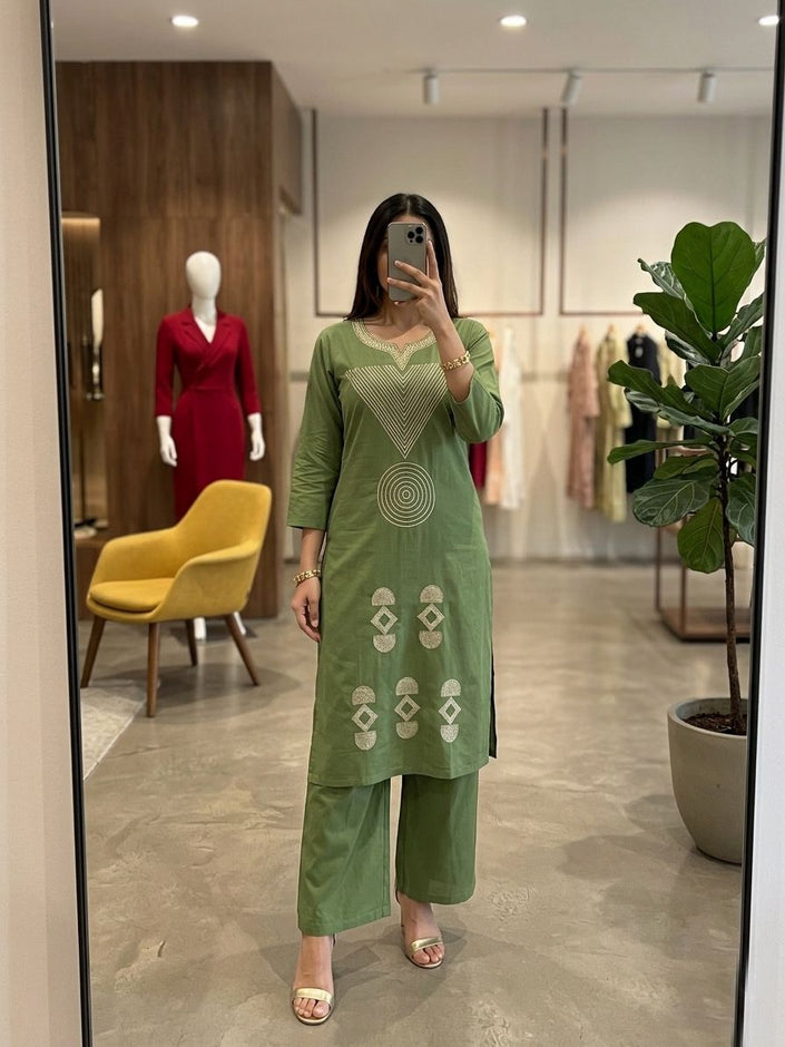 Premium Straight Kurta Palazzo Set with Geometric Pattern.