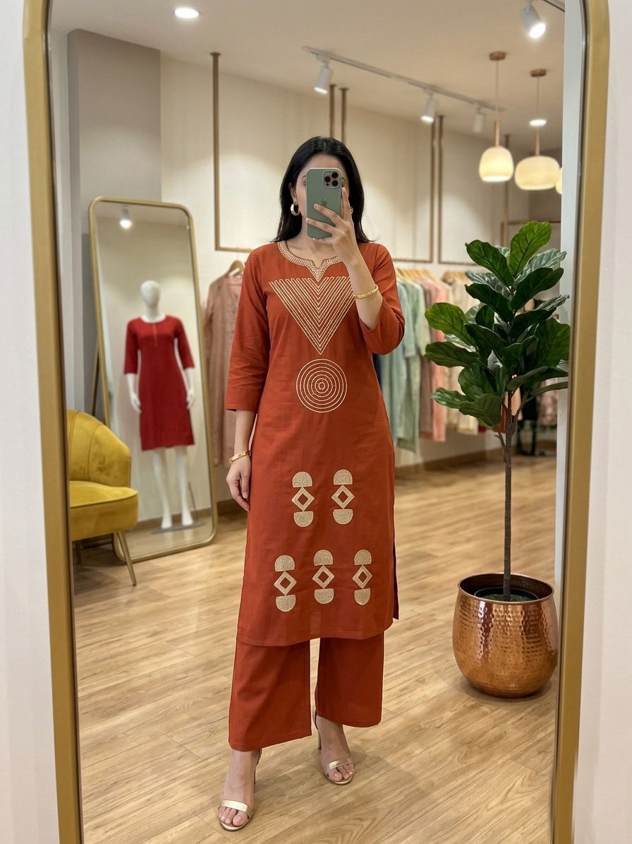 Premium Straight Kurta Palazzo Set with Geometric Pattern.