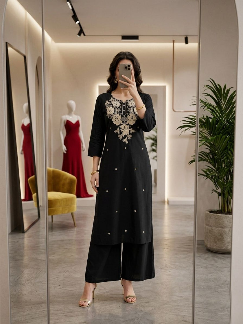 Premium Floral Embroidery Kurta Palazzo Set for Women.