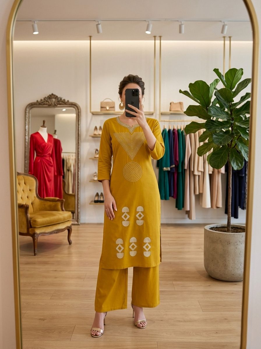 Premium Straight Kurta Palazzo Set with Geometric Pattern.