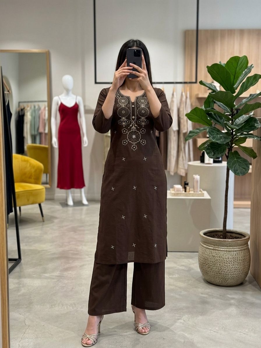 Stylish Embroidered Straight Kurta with Palazzo Pants.