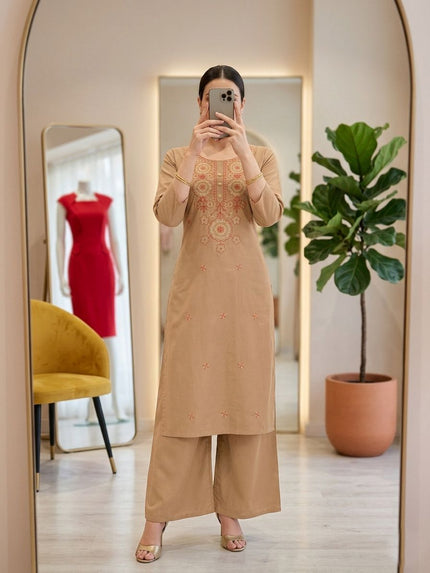 Stylish Embroidered Straight Kurta with Palazzo Pants.