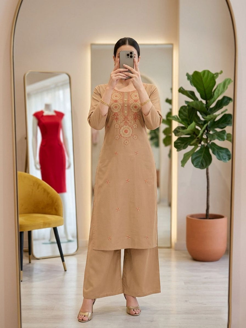 Stylish Embroidered Straight Kurta with Palazzo Pants.