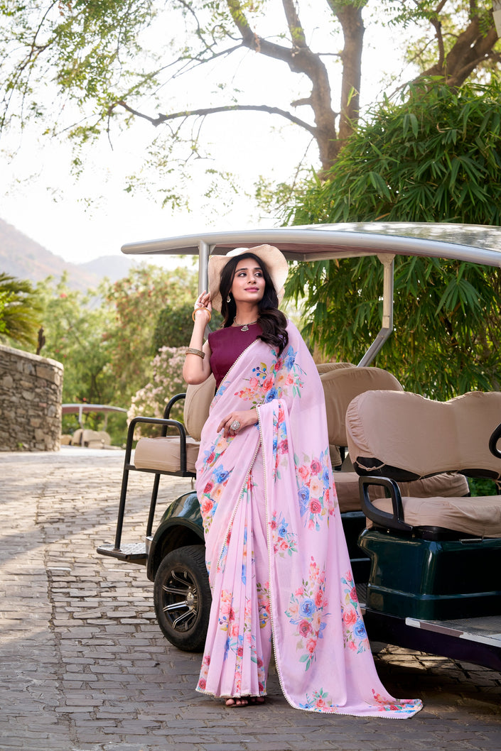 Women's Floral Print Georgette Saree with Unstitched Blouse Piece.