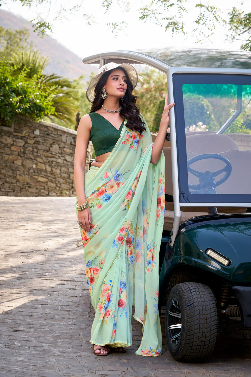 Women's Floral Print Georgette Saree with Unstitched Blouse Piece.