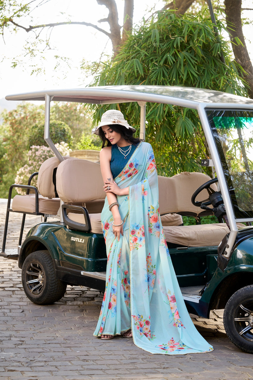 Women's Floral Print Georgette Saree with Unstitched Blouse Piece.