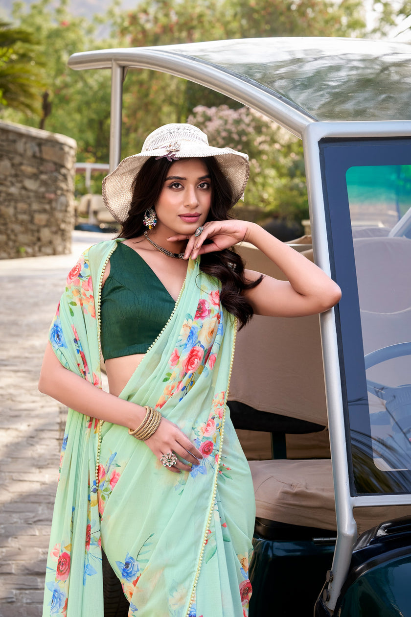 Women's Floral Print Georgette Saree with Unstitched Blouse Piece.