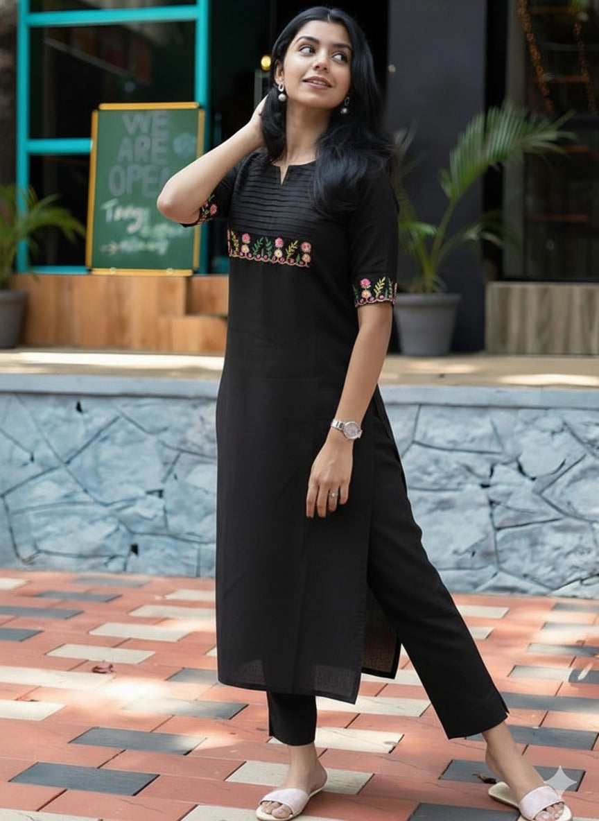Elegant Embroidered Straight Kurta for Women with Floral Thread Work.