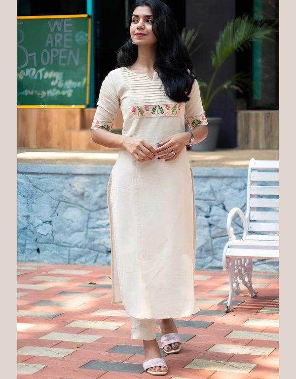 Elegant Embroidered Straight Kurta for Women with Floral Thread Work.