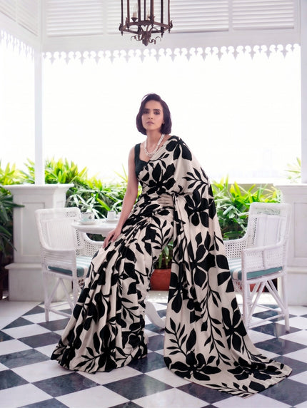 Designer Saree for Women with Artistic Floral Print and Graceful Drape .