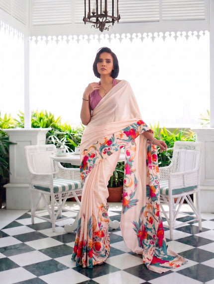 Designer Saree for Women with Artistic Floral Print and Graceful Drape .