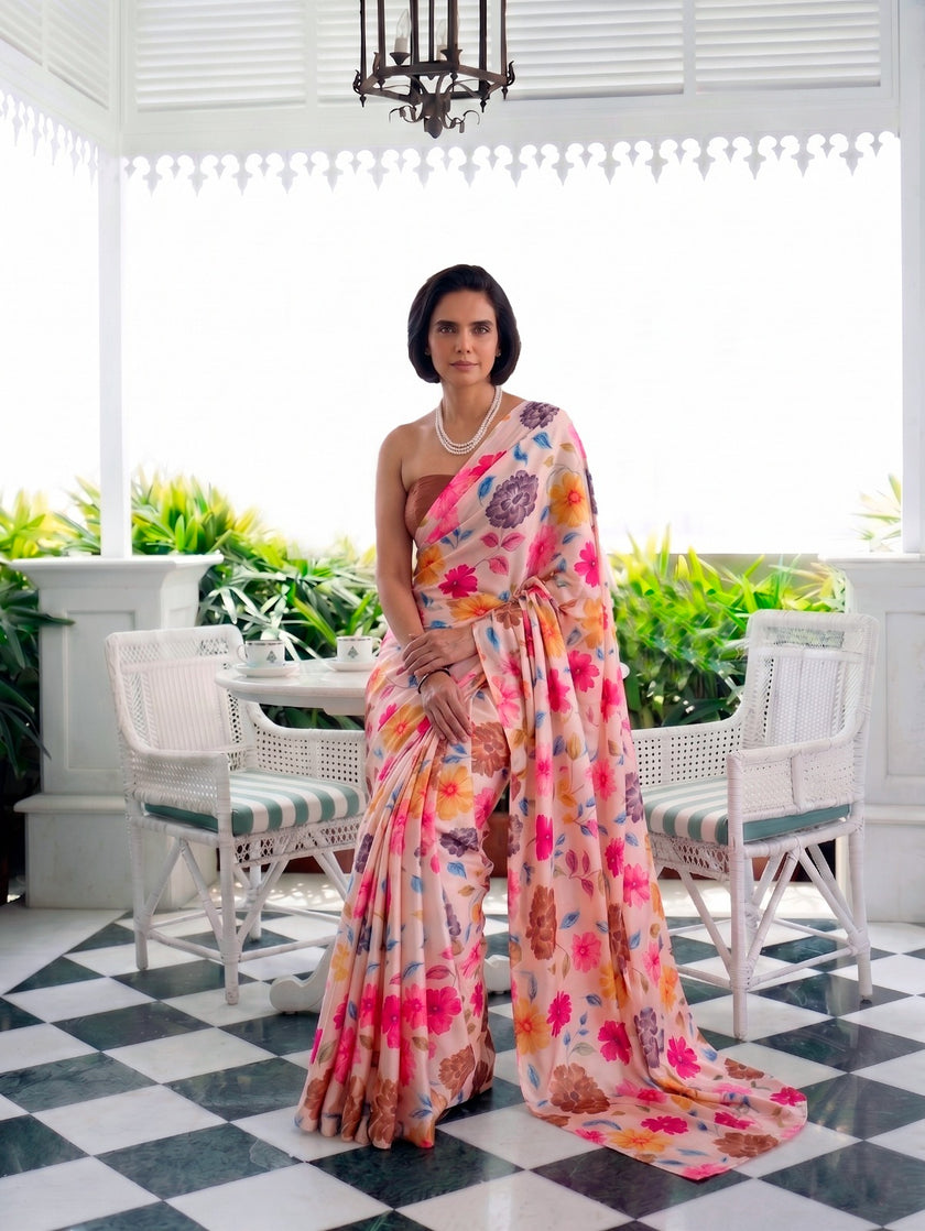 Designer Saree for Women with Artistic Floral Print and Graceful Drape .