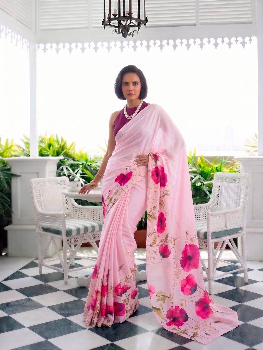 Designer Saree for Women with Artistic Floral Print and Graceful Drape .