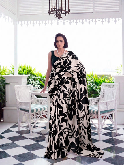 Designer Saree for Women with Artistic Floral Print and Graceful Drape .