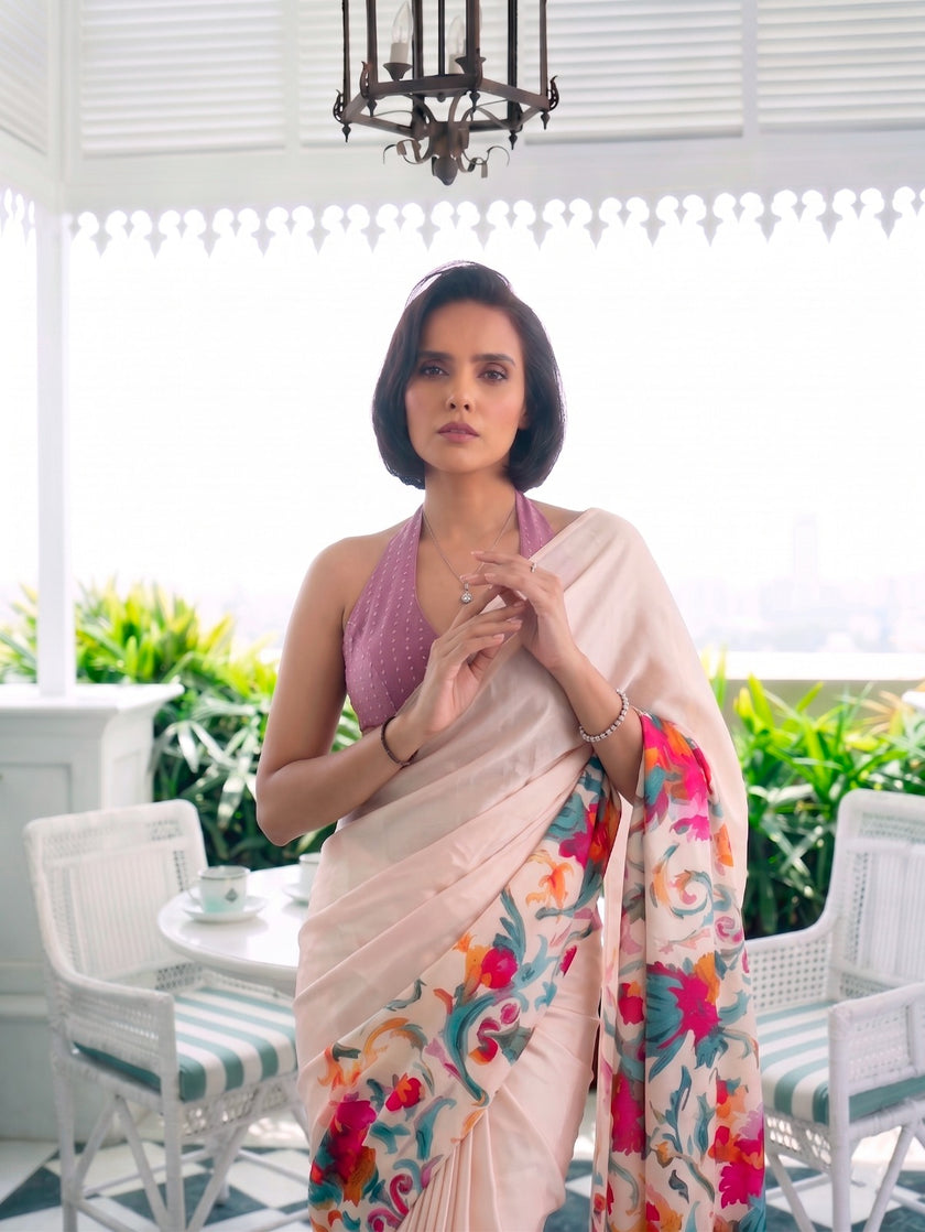 Designer Saree for Women with Artistic Floral Print and Graceful Drape .