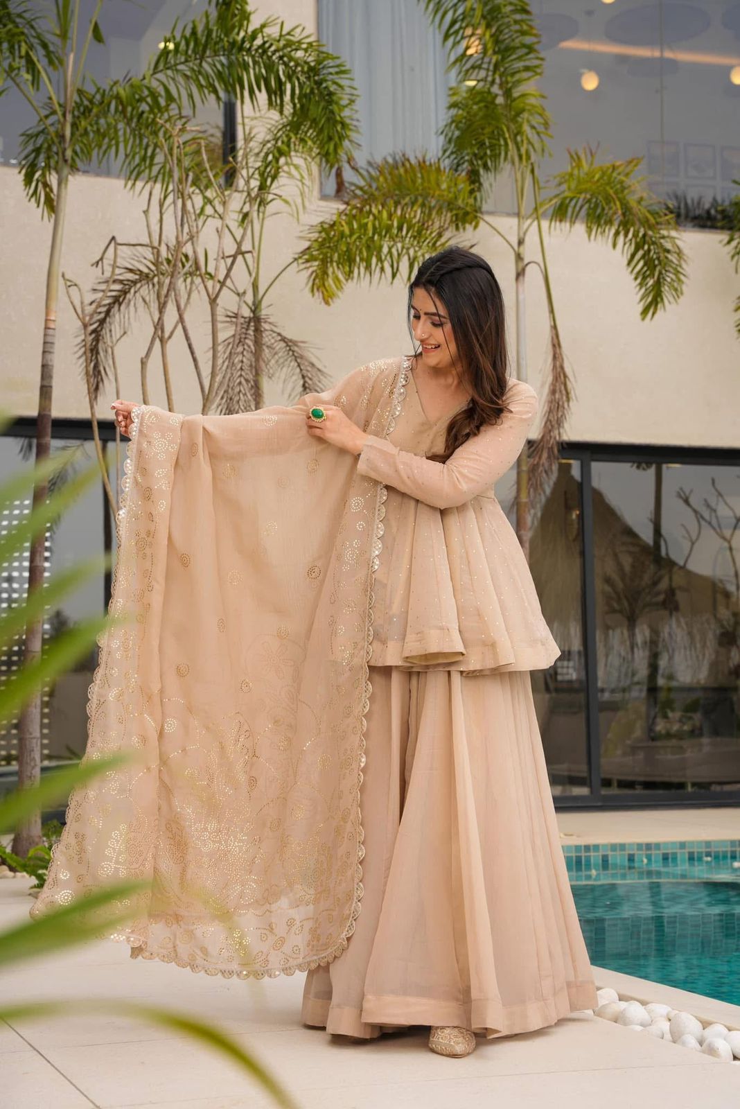 Women's Embroidered Peplum Sharara Suit Set with Dupatta.