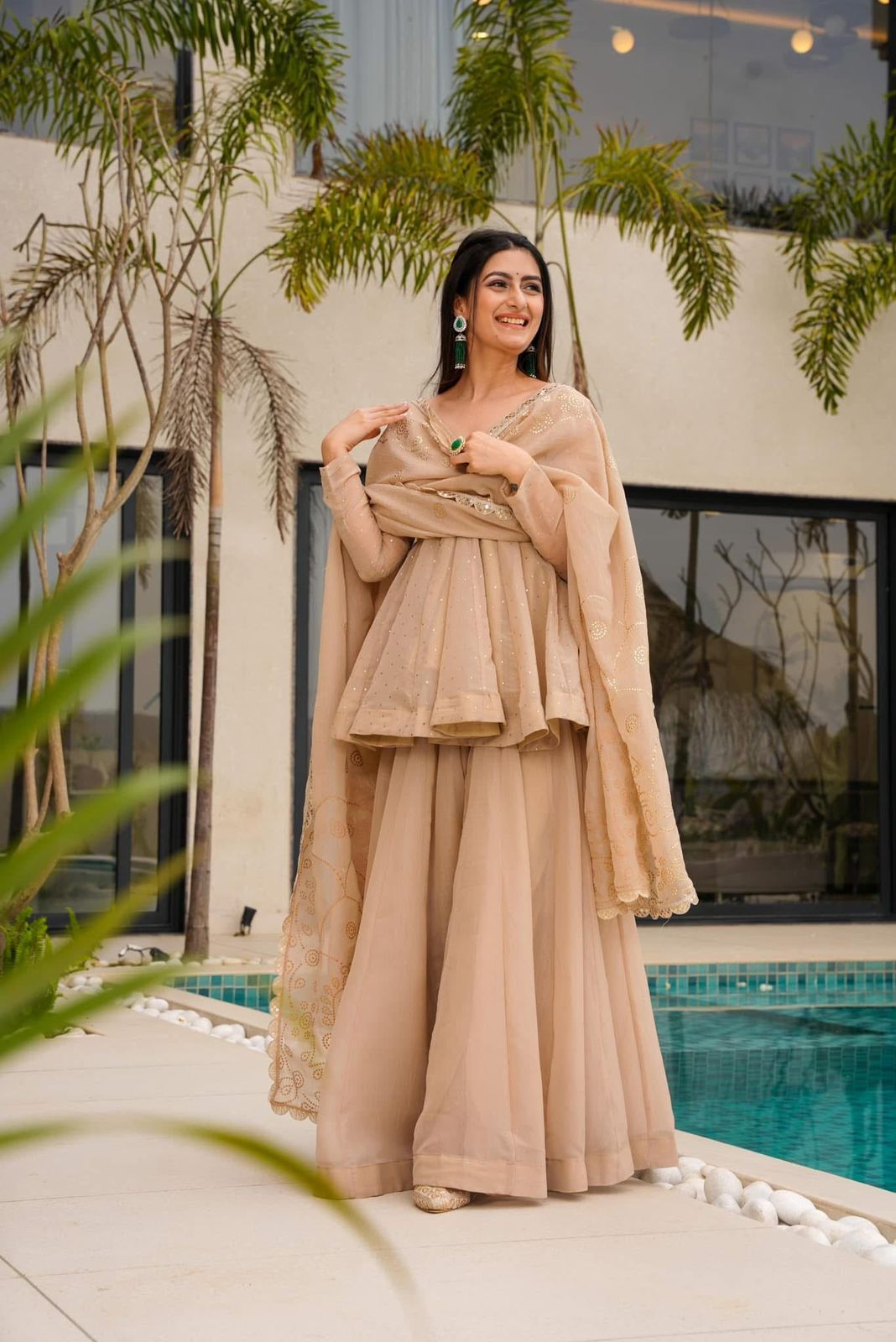 Women's Embroidered Peplum Sharara Suit Set with Dupatta.
